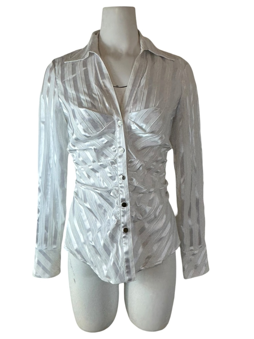 Cache NWT White Striped Satin Ruched Fitted Button Down Blouse Sz Medium